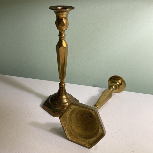 Solid Brass Hexagon Design Candlestick Holder Set of 2 - Picture 3 of 5